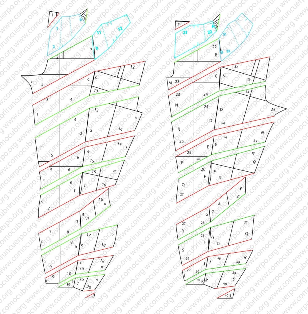 Ensamblaje de las piezas del patrón del pantalón doble corte espiral por las costuras laterales