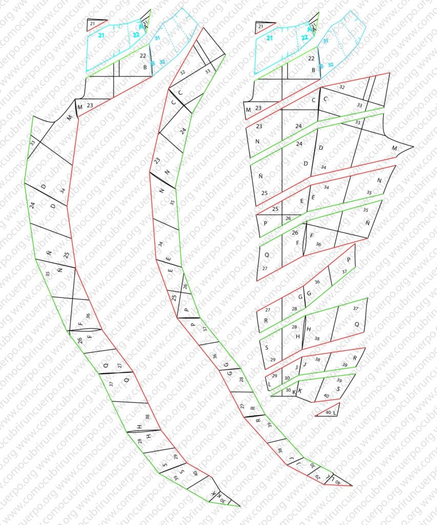 Ensamblaje de las piezas de la pernera derecha del pantalón doble corte espiral desde la entrepierna hasta el bajo