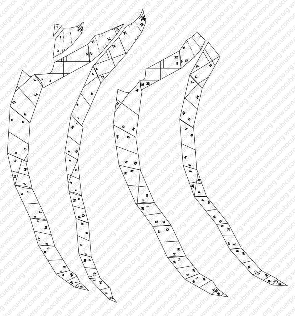 Despiece completo del patrón del pantalón doble corte espiral con todas las piezas numeradas