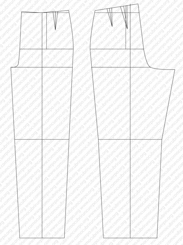 Patrón base de pantalón clásico femenino talla 36, delantero y espalda
