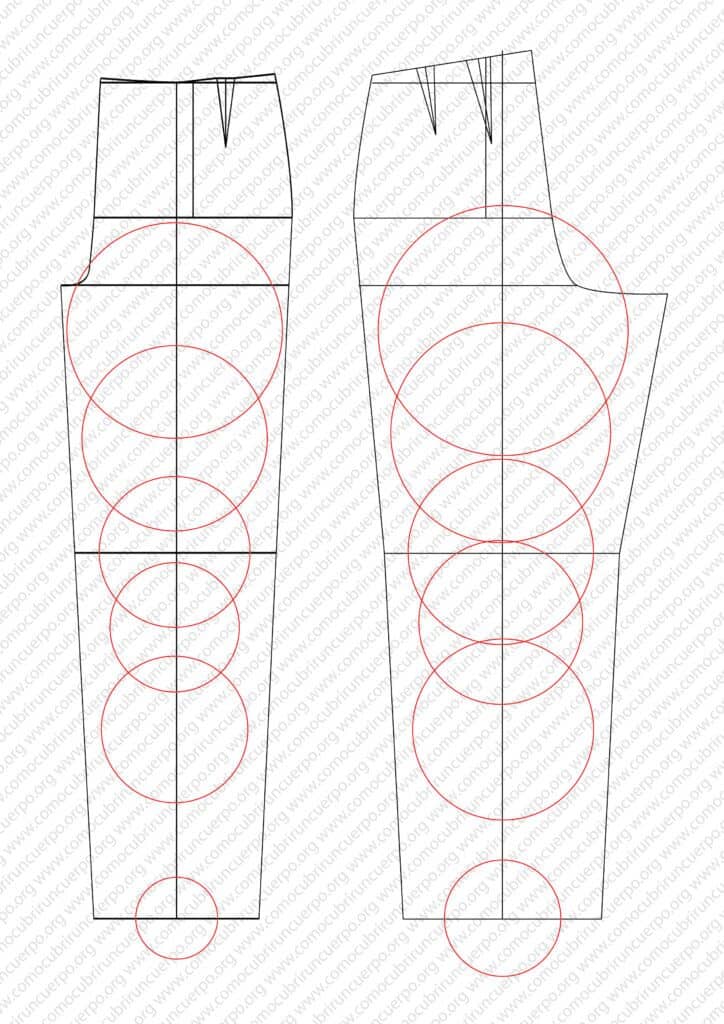 Entalle del pantalón clásico femenino en cabeza de muslo, muslo, rodilla, jarrete, gemelo y tobillo