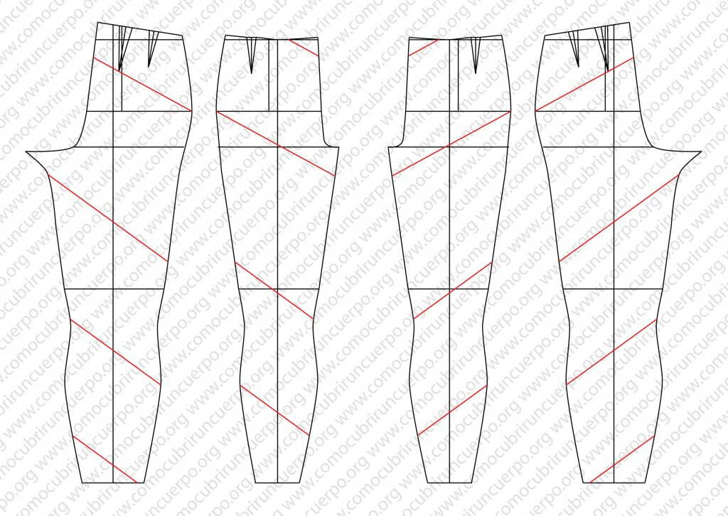 Patrón de pantalón con cuatro cortes paralelos y especulados entre sí