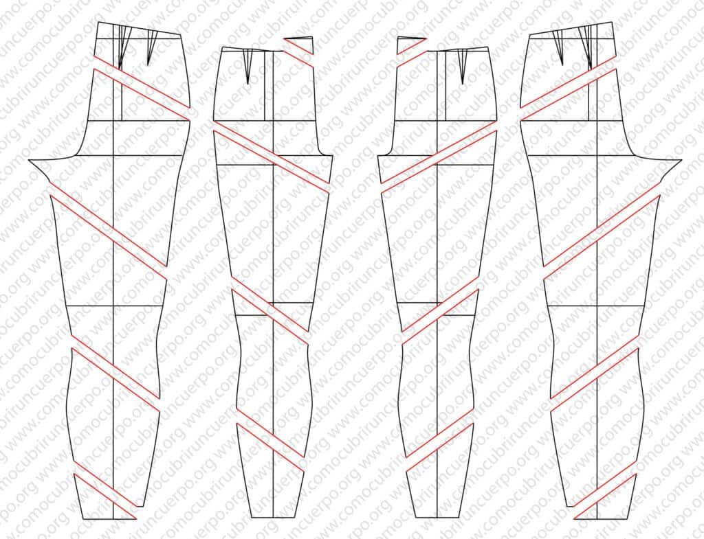 Piezas del patrón de pantalón femenino separadas por cortes espirales especulados
