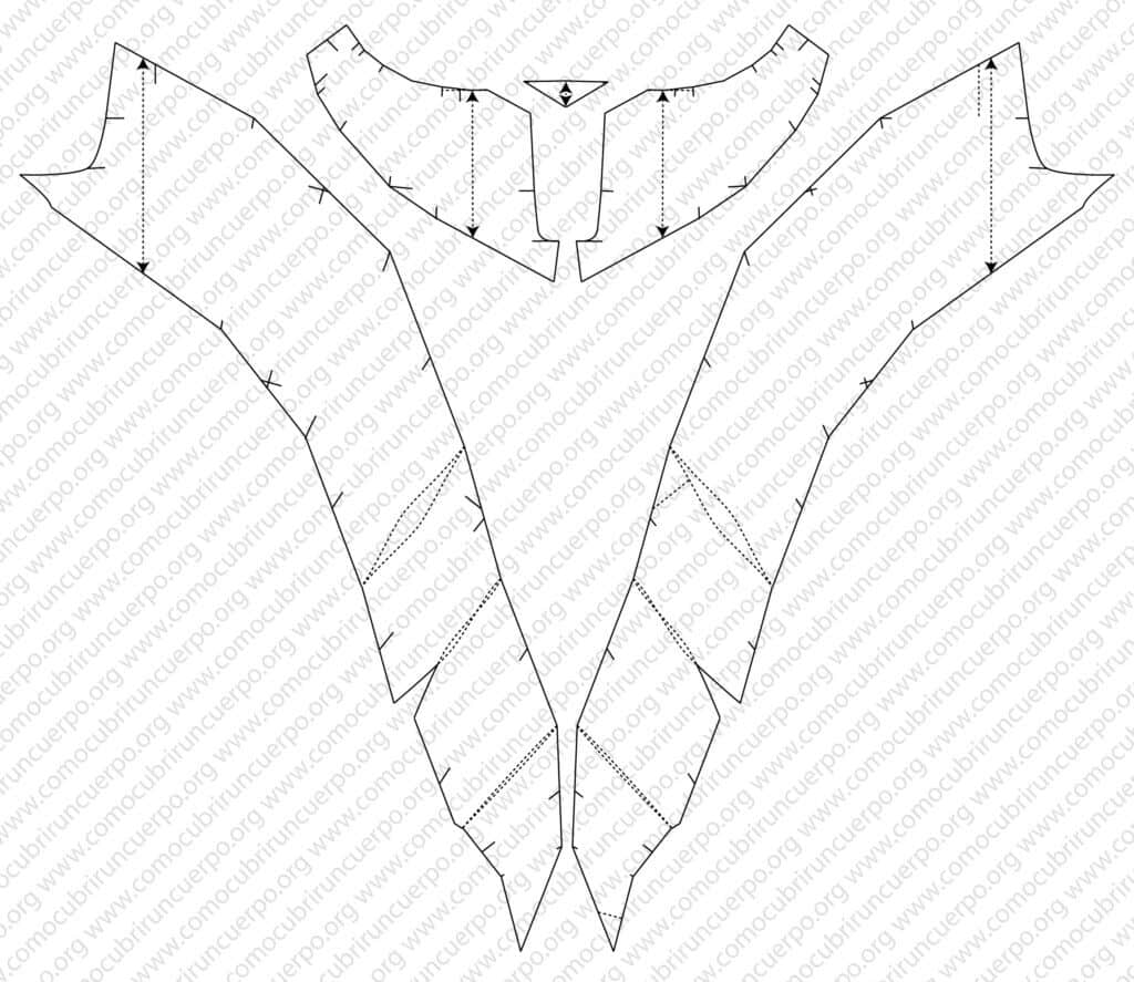 Patrón completo del pantalón con cortes en espiral especulados, delantero y trasero unidos