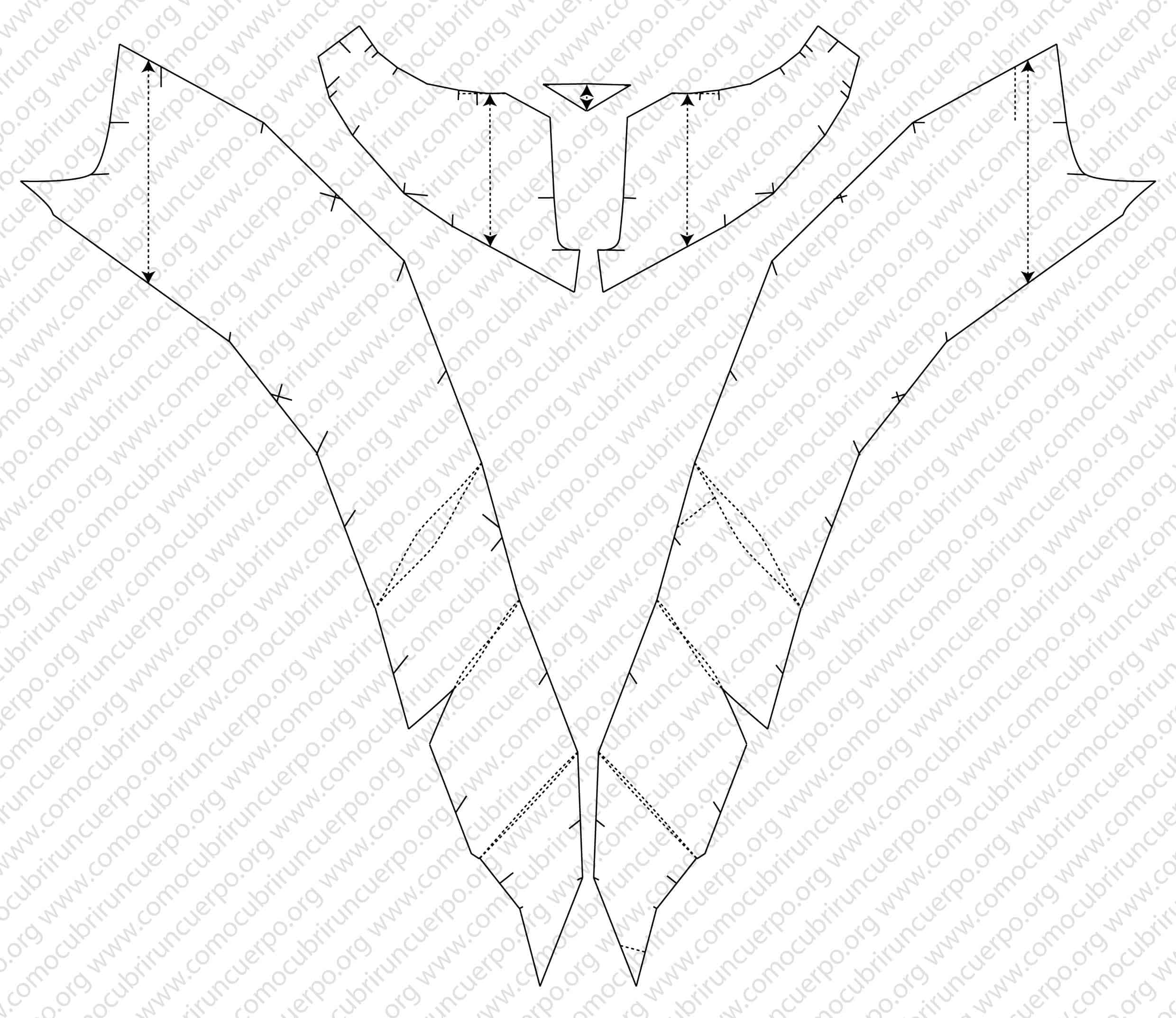 Patrón completo del pantalón con cortes en espiral especulados, delantero y trasero unidos