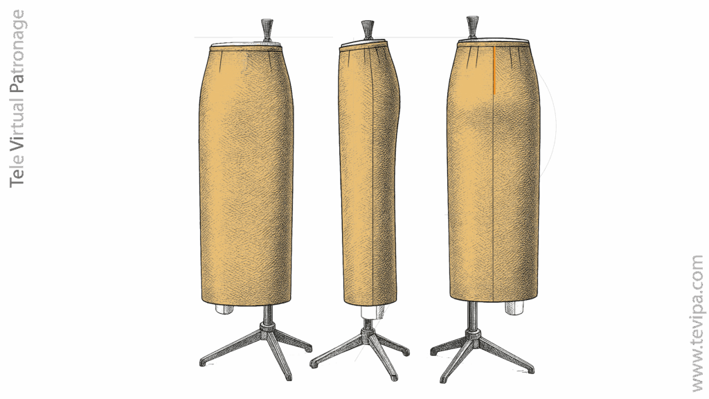 Falda sastre recta montada en maniquí, vista frontal, lateral y posterior