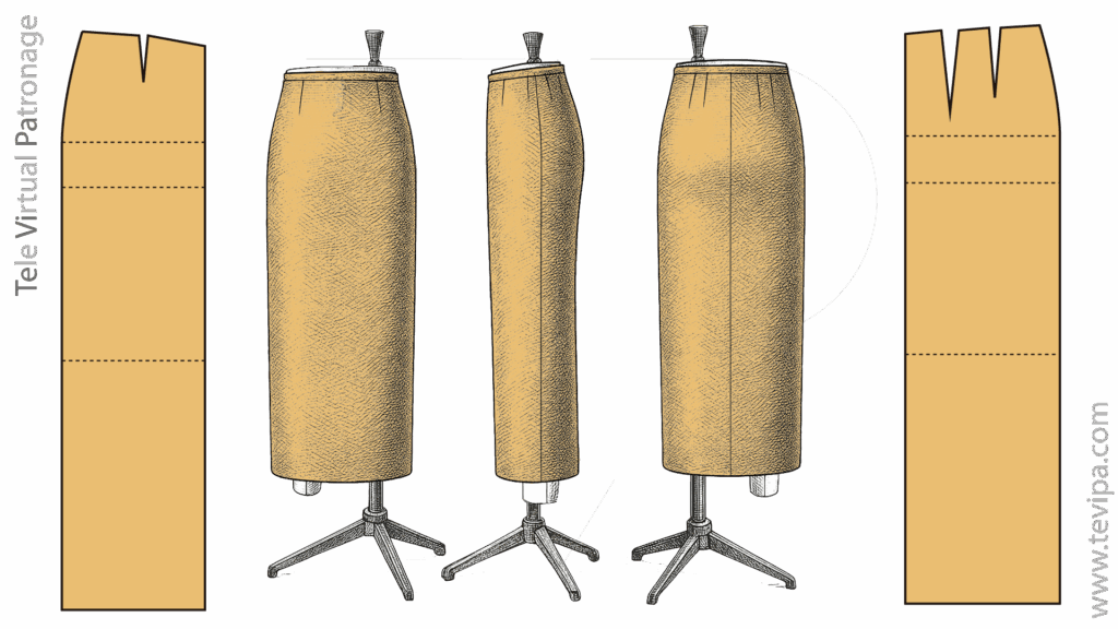 Falda sastre recta en maniquí con vistas frontal, lateral y posterior junto a los patrones del delantero y la espalda