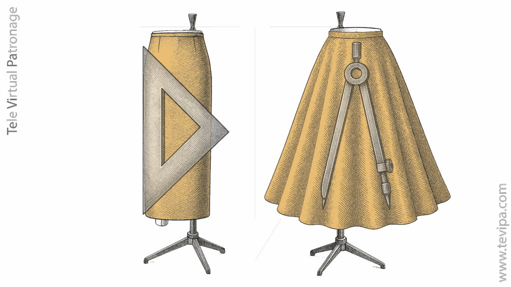 Comparación visual entre falda sastre recta ortogonal y falda capa de construcción radial en maniquí