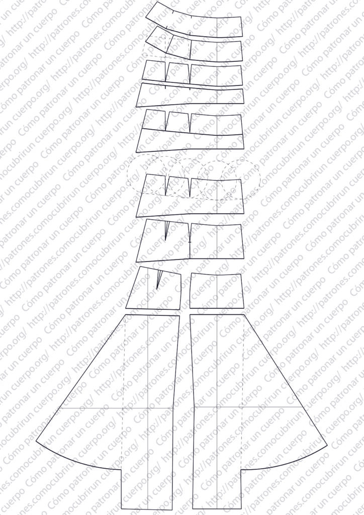 Unión del delantero y la espalda para trazar el canesú del pantalón-sarruel y cierre de pinzas en la parte superior
