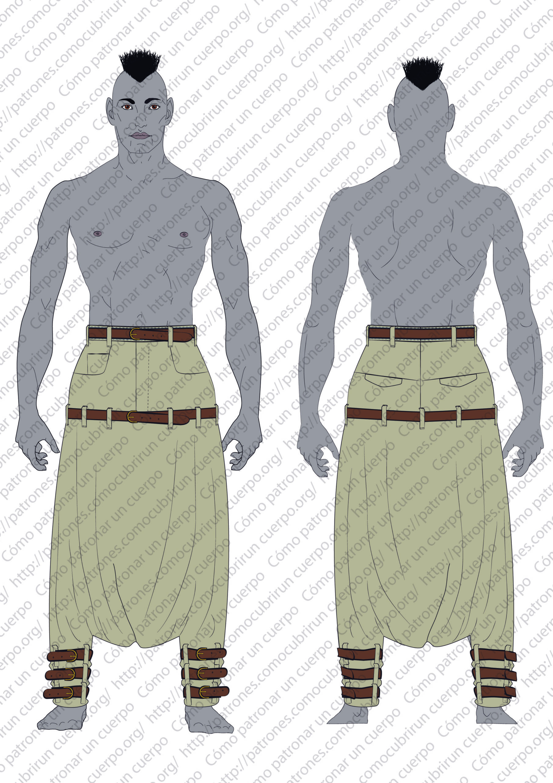 Ilustración frontal y trasera del pantalón-sarruel de ocho cinturones con doble cinturón superior y espinilleras con correas