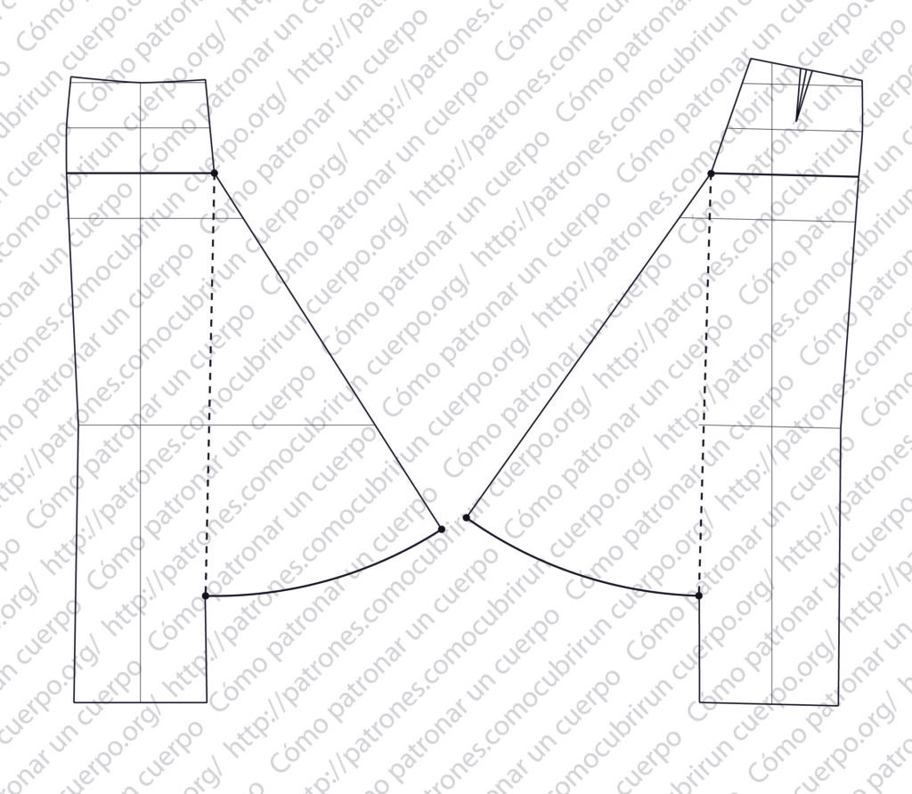 Patrón base del pantalón-sarruel con corte en la línea de cadera para iniciar la construcción del modelo de ocho cinturones