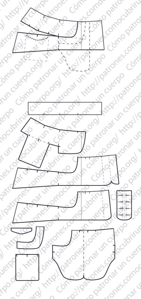 Piezas y despiece completo de los bolsillos delanteros y traseros del pantalón-sarruel de ocho cinturones