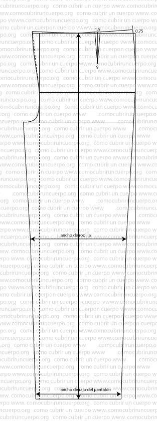 Esquema del trazado del pantalón para conformación robusta con costura lateral, entrepierna y pinza del delantero