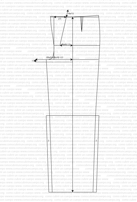 Esquema técnico del trazado de la espalda del pantalón para conformación robusta, con líneas de construcción y medidas proporcionales
