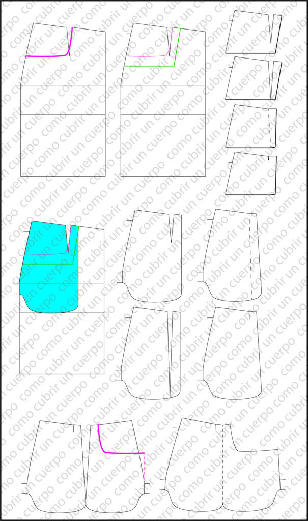 Patronaje del bolsillo tejano con corte horizontal e integración de la pinza en el delantero del pantalón