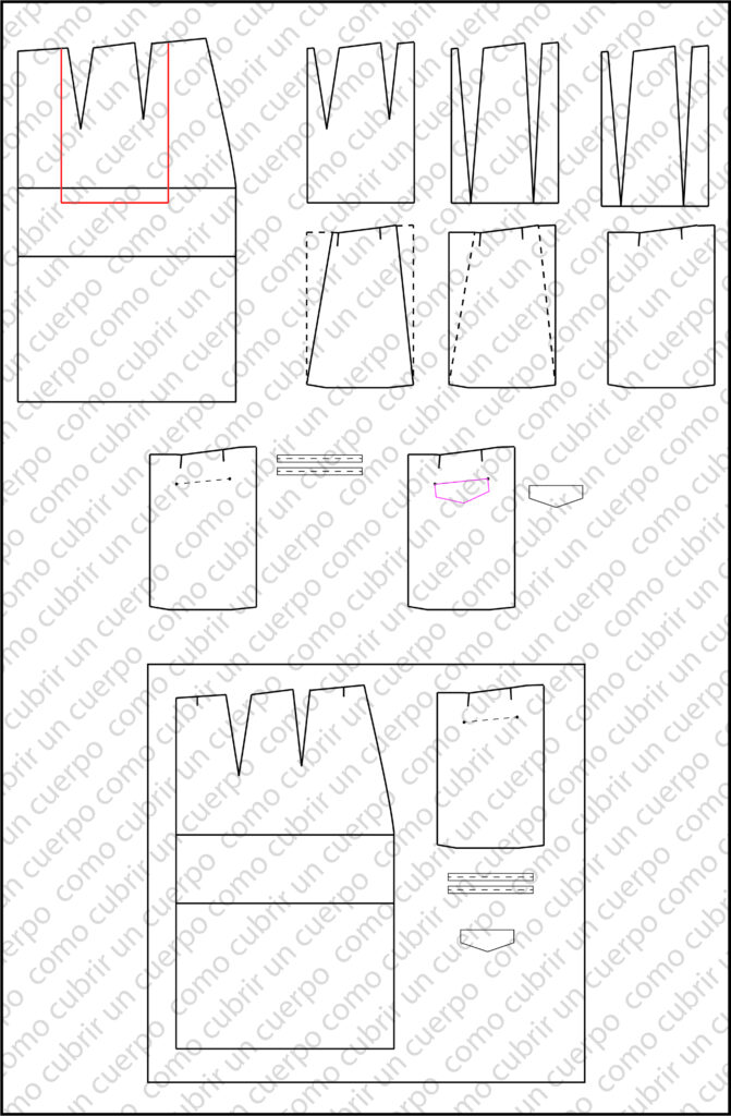 Patronaje del bolsillo trasero de vivos con fondo de bolsillo vertical y pinzas de entalle
