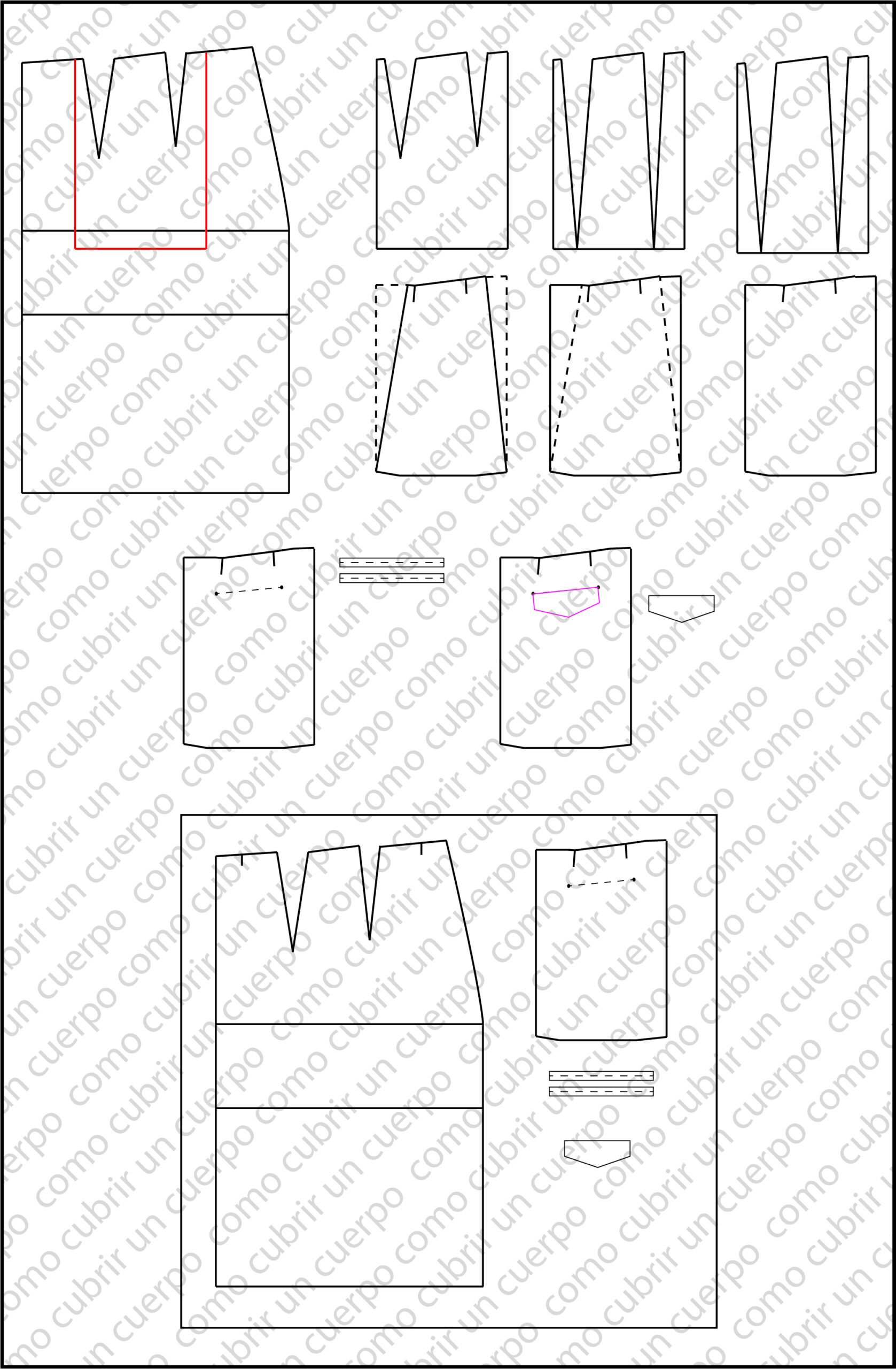 Patronaje del bolsillo trasero de vivos con fondo de bolsillo vertical y pinzas de entalle