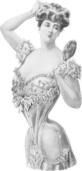 Corsé en S o Droit devant de la Belle Époque con abdomen plano y curva lumbar pronunciada