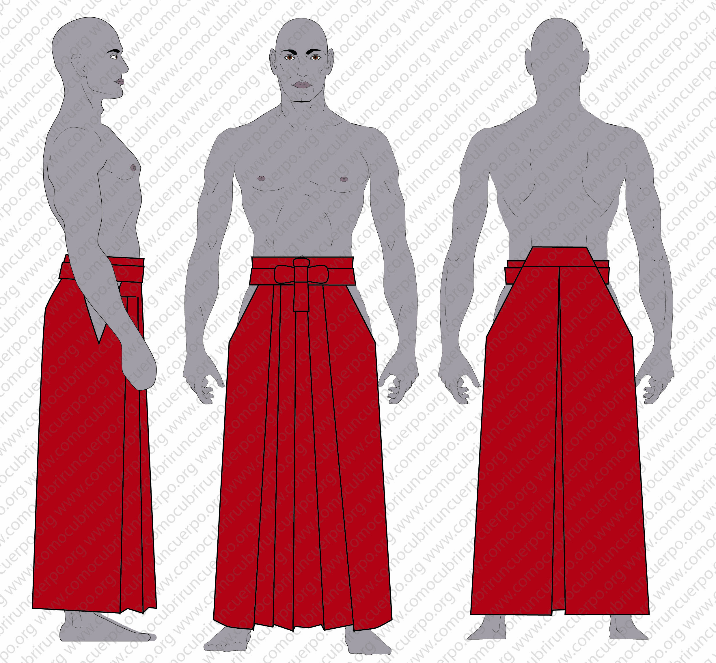 Hakama japonesa tradicional con pliegues, vista frontal lateral y posterior