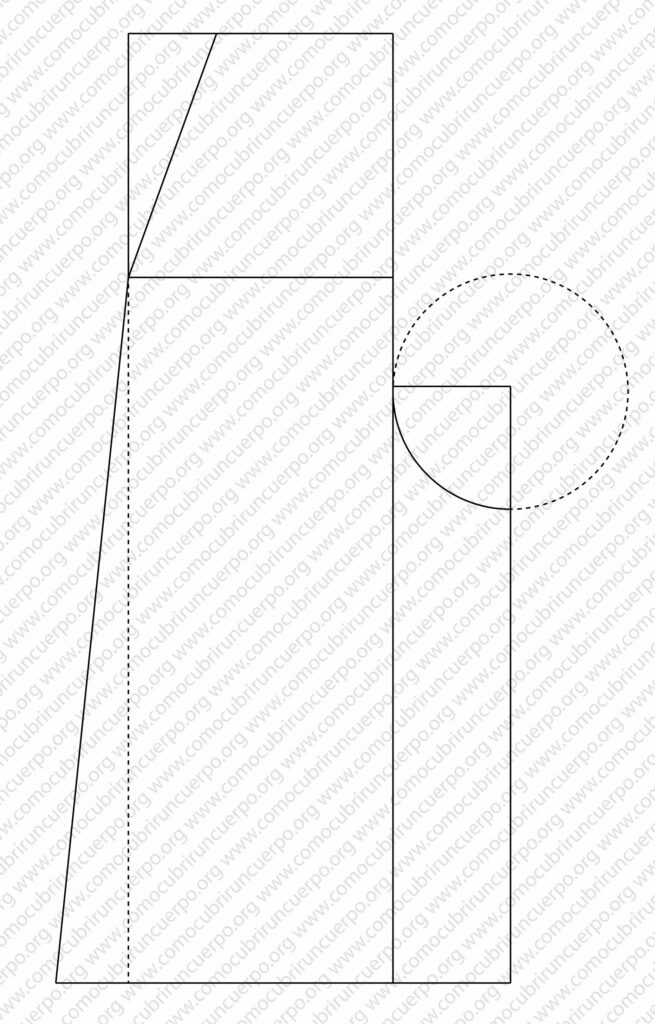 Línea de tiro y entrepierna del patrón de la hakama trazadas con circunferencia