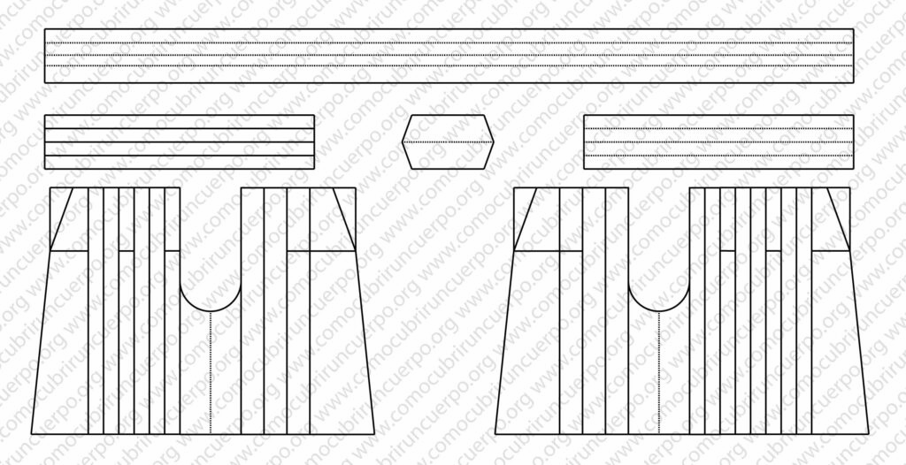 Despiece completo del patrón de la hakama con todas sus piezas