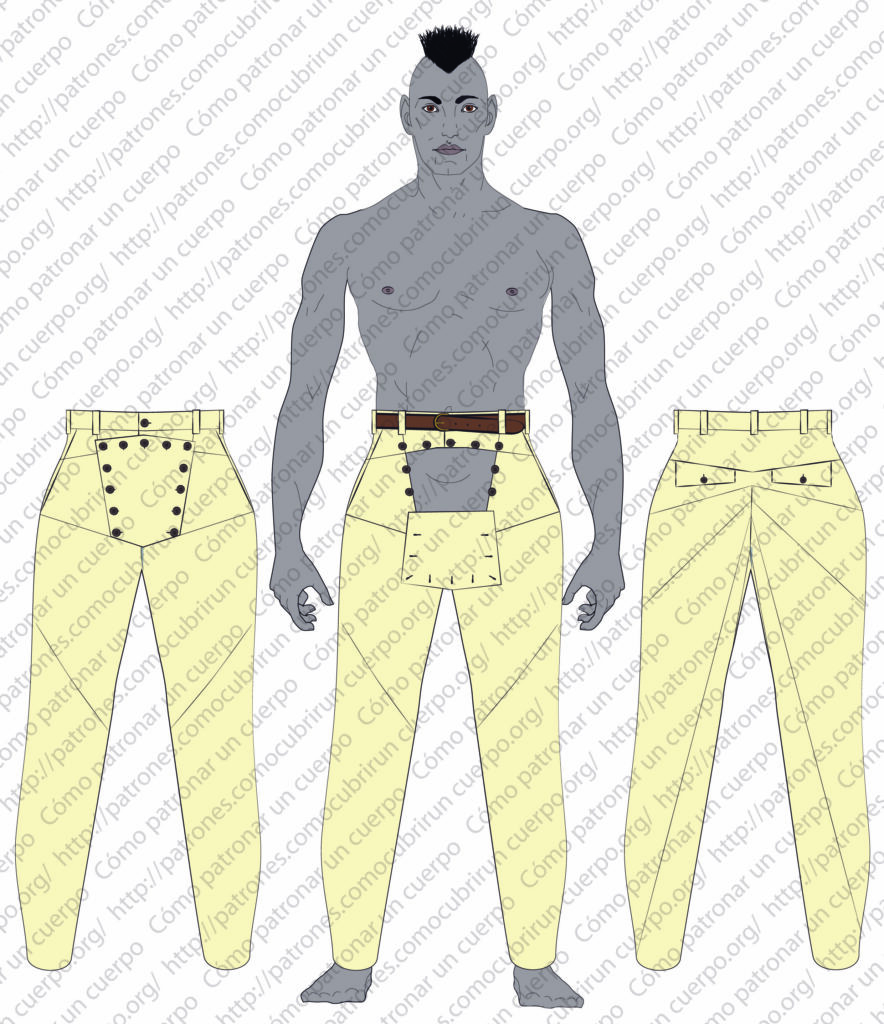 Pantalón con cortes radiales y pequeño puente tipo jeans con vista frontal y trasera