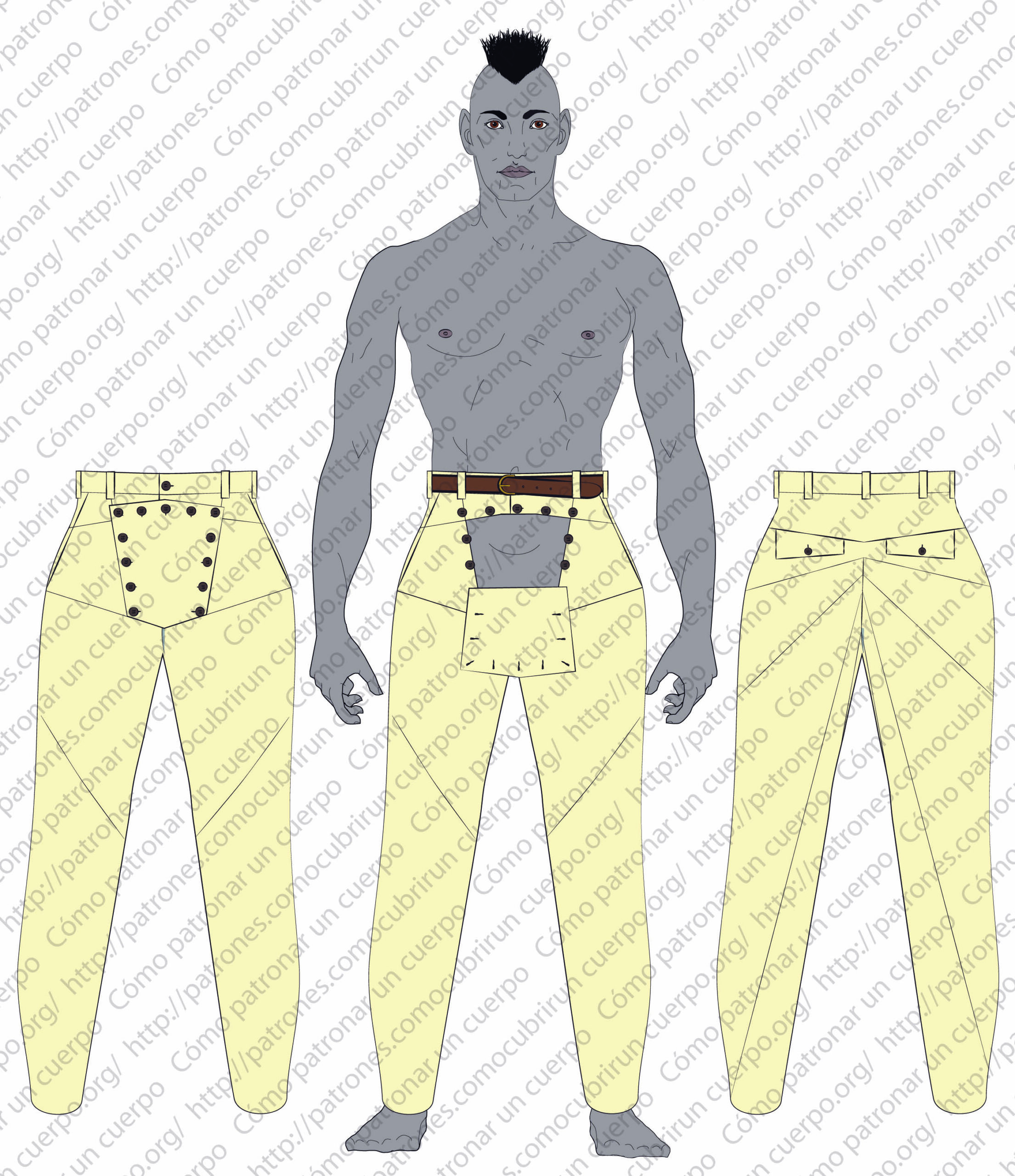 Pantalón con cortes radiales y pequeño puente tipo jeans con vista frontal y trasera