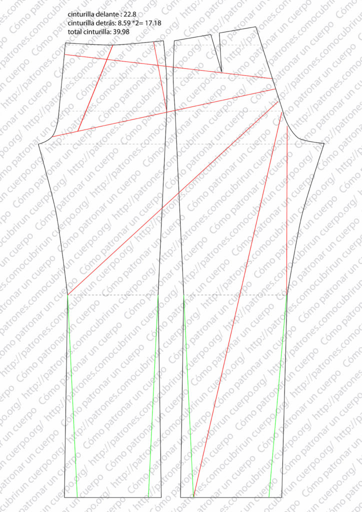 Patrón base del pantalón jeans talla 40 con entubado y líneas de corte radiales