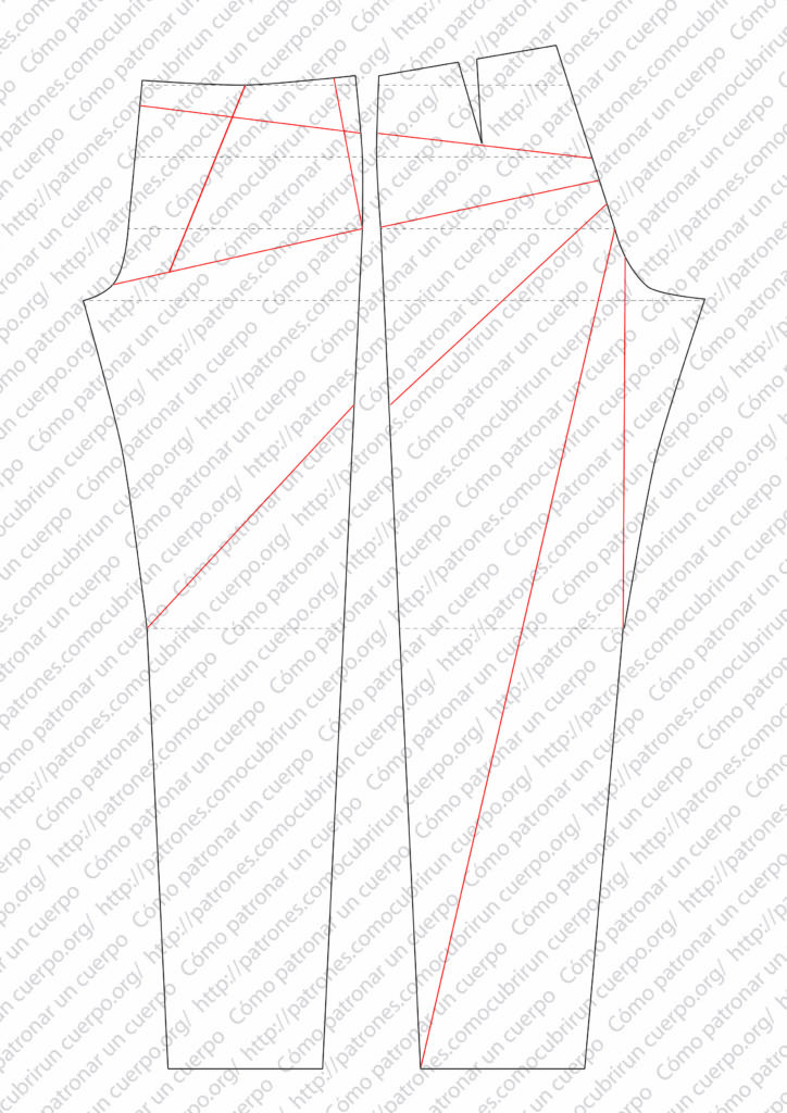 Regulación de los cortes radiales del pantalón jeans tras eliminar el exceso de ancho del bajo