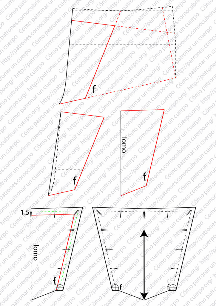Despiece del patrón de pantalón con cortes radiales y pequeño puente, transformación del pantalón jeans base