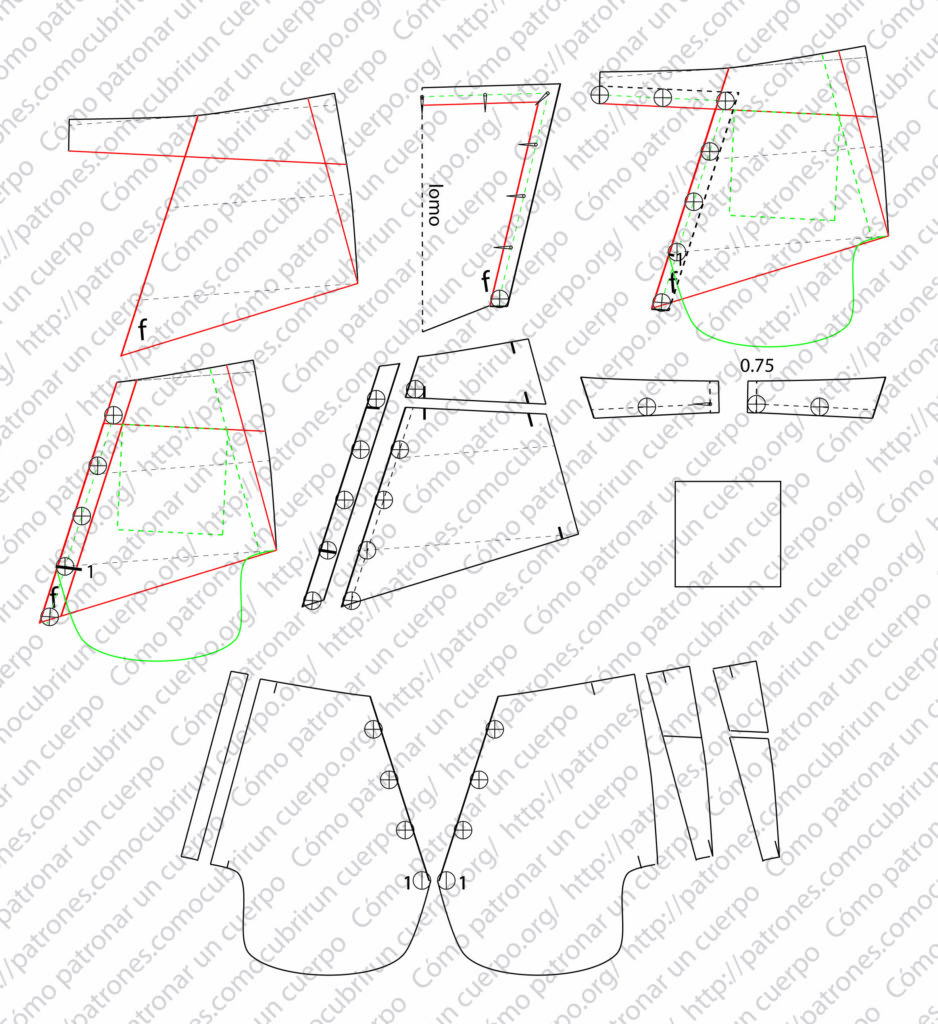 Despiece del patrón de pantalón con cortes radiales y pequeño puente, alineación de la botonera del levadizo, bolsillo revólver y bolsillo cerillero