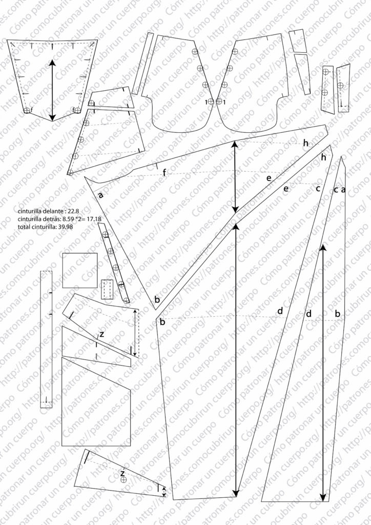 Despiece completo del patrón del pantalón con cortes radiales y pequeño puente, con todas las piezas, rectos hilo y elementos de montaje
