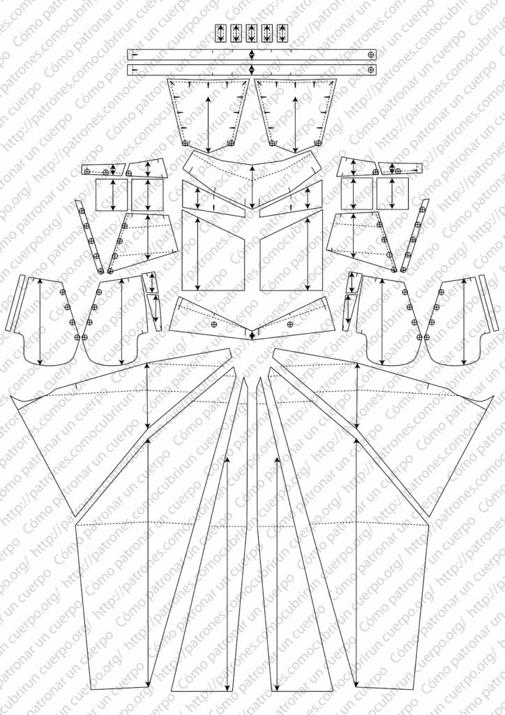 Recuento completo de piezas del patrón del pantalón con cortes radiales y pequeño puente, incluyendo piezas dobles, piezas al lomo y rectos hilo