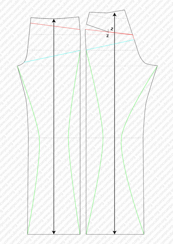 Transformación del patrón del pantalón con aumento de ancho de perneras y cortes estructurales