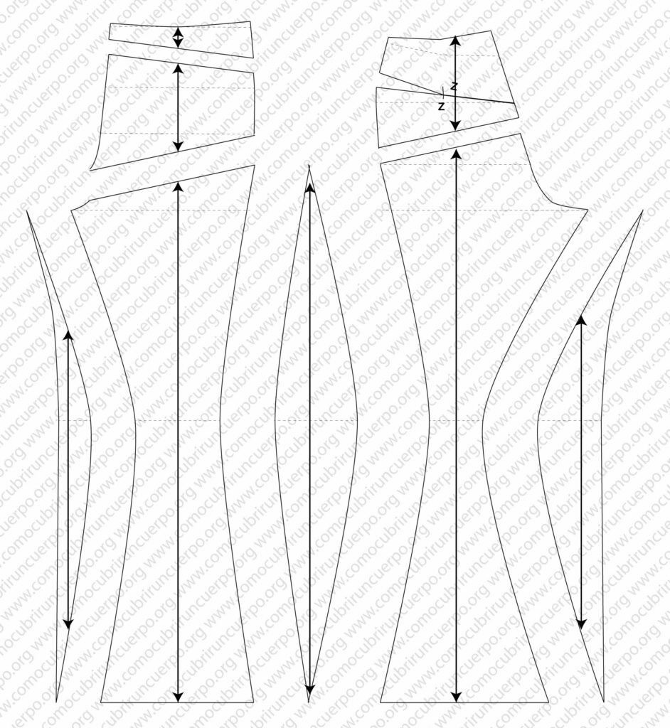 Cortes laterales de las perneras unidos por patronaje en el pantalón tipo Skater