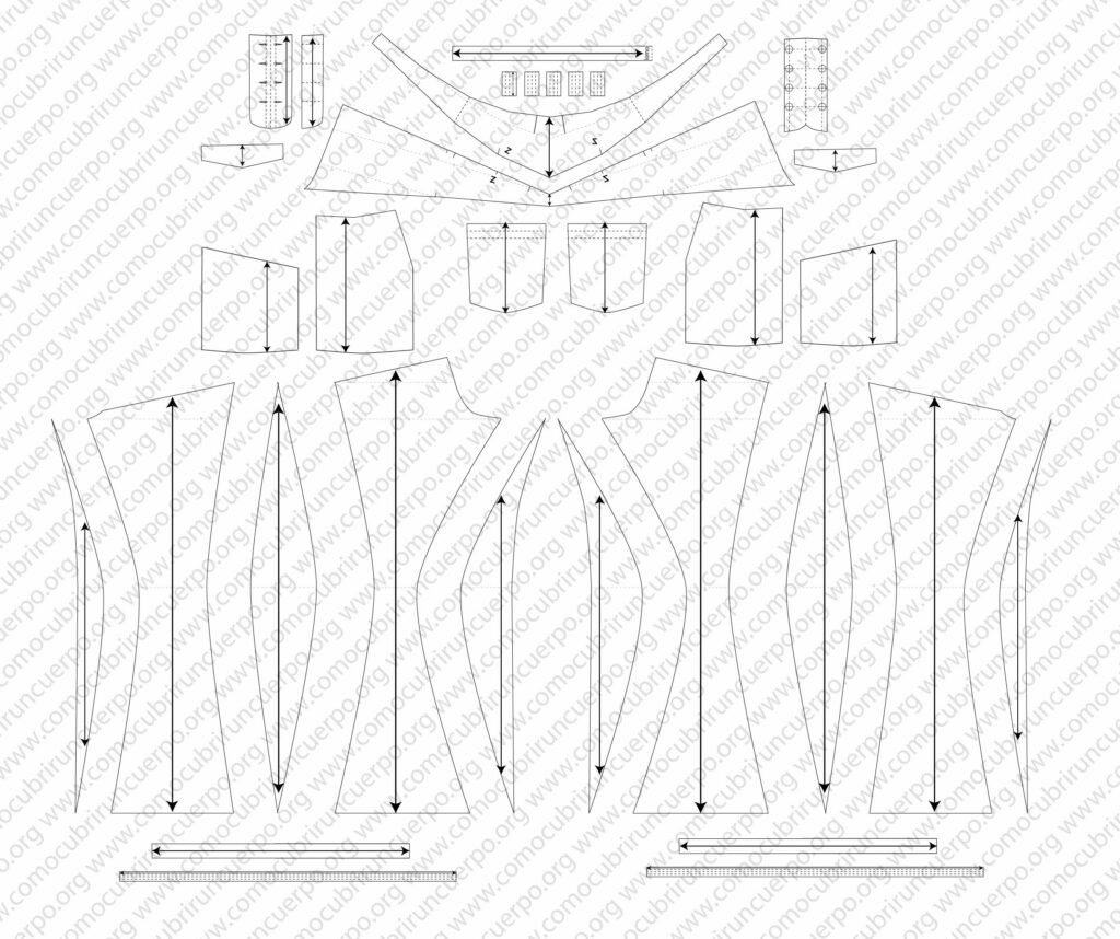 Despiece completo del pantalón tipo Skater con todas las piezas del patrón