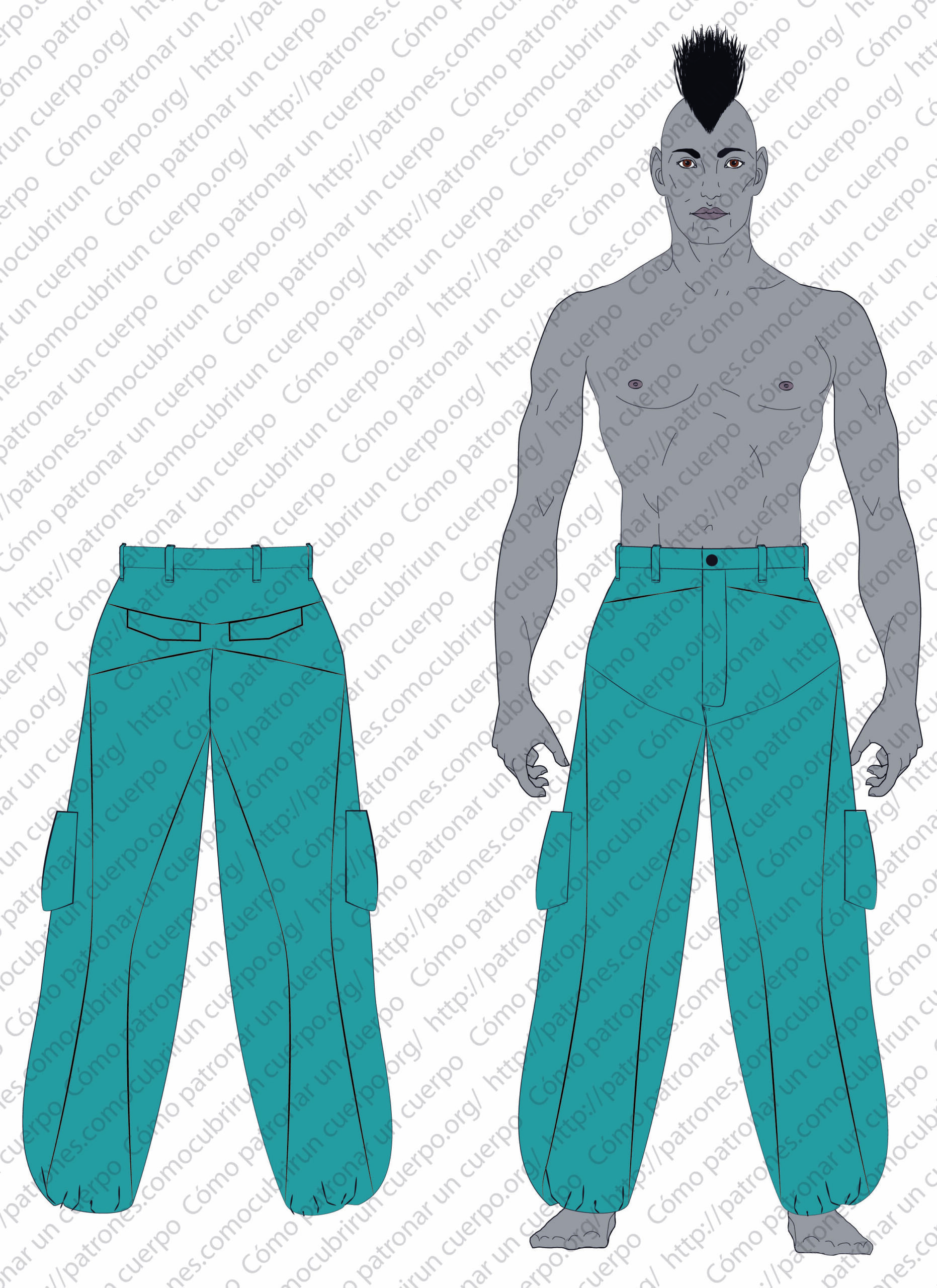 Pantalón tipo Skater abombachado con cortes verticales, canesú doble y bajos ajustables con cordón