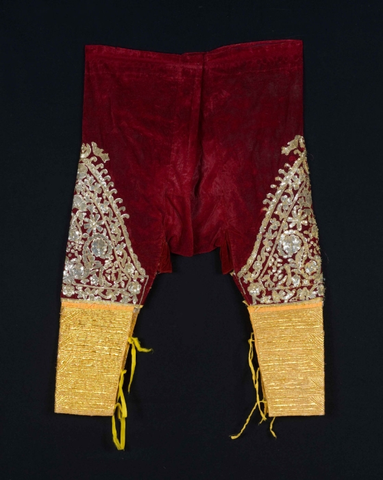 Pantalón sarruel histórico de terciopelo de seda bordado con hilo de plata dorado