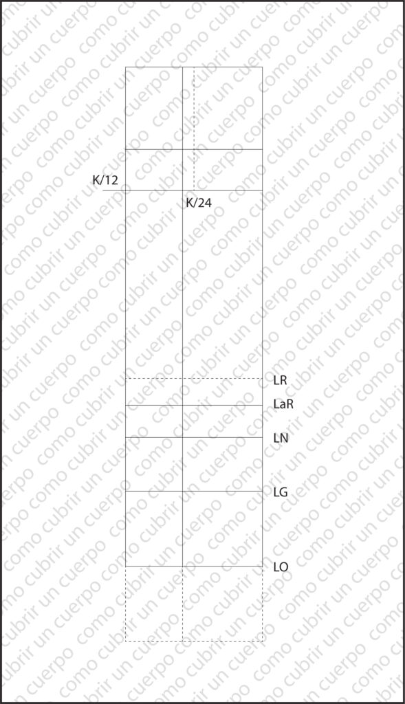 Trazado del delantero del pantalón sarruel con líneas de cadera, rodilla y tobillo