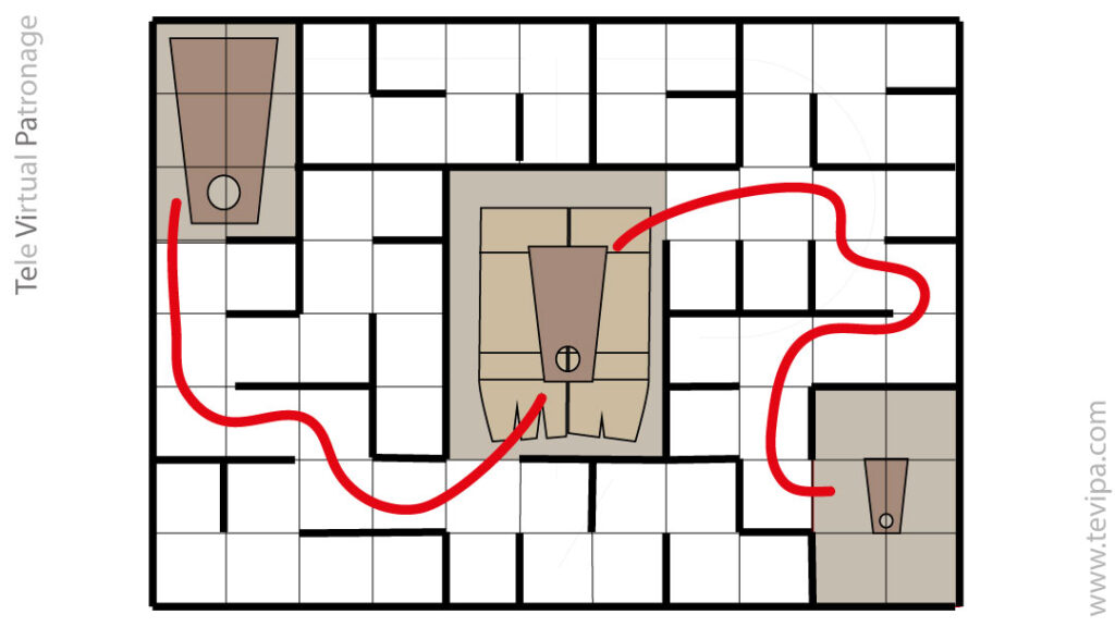 Laberinto de gradación con una línea roja que muestra la solución y simboliza el método claro para gradar la falda sastre recta.