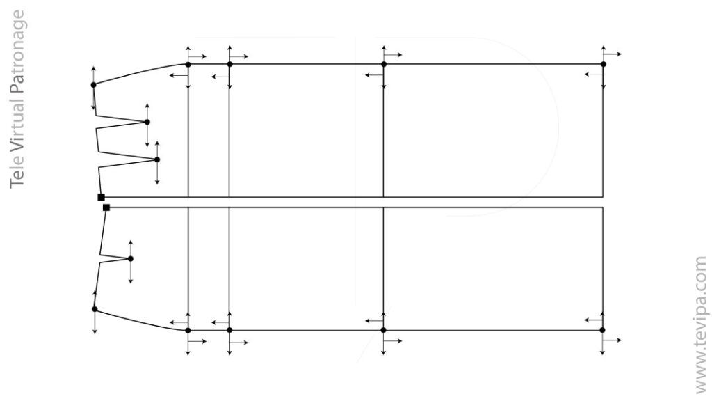 Patrón base de la falda sastre recta con flechas que indican las direcciones para deducir las ratios de gradación.