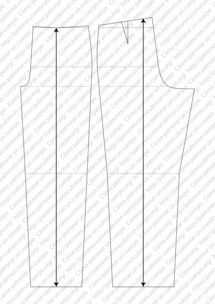 Patrón del pantalón clásico de caballero con dos pliegues cerrados al derecho, delantero y espalda