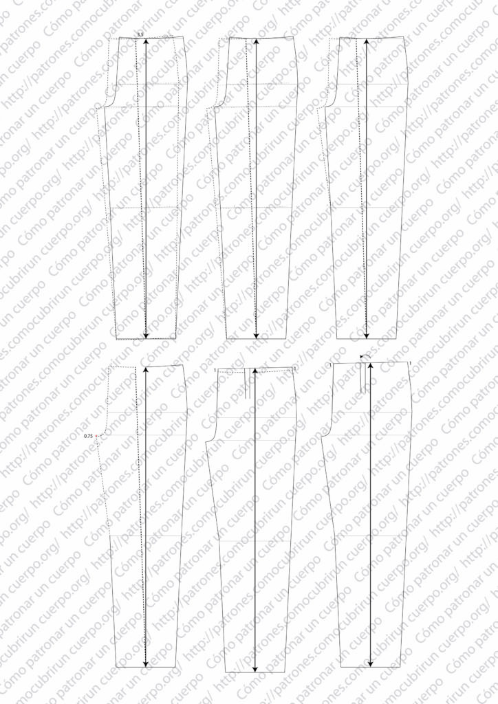 Desarrollo de la transformación del patrón del pantalón clásico de caballero con dos pliegues cerrados al derecho