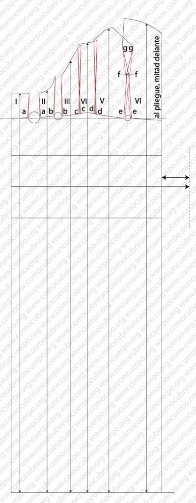 Comprobación del exceso de cadera uniendo los puntos c y d en el patrón del vestido