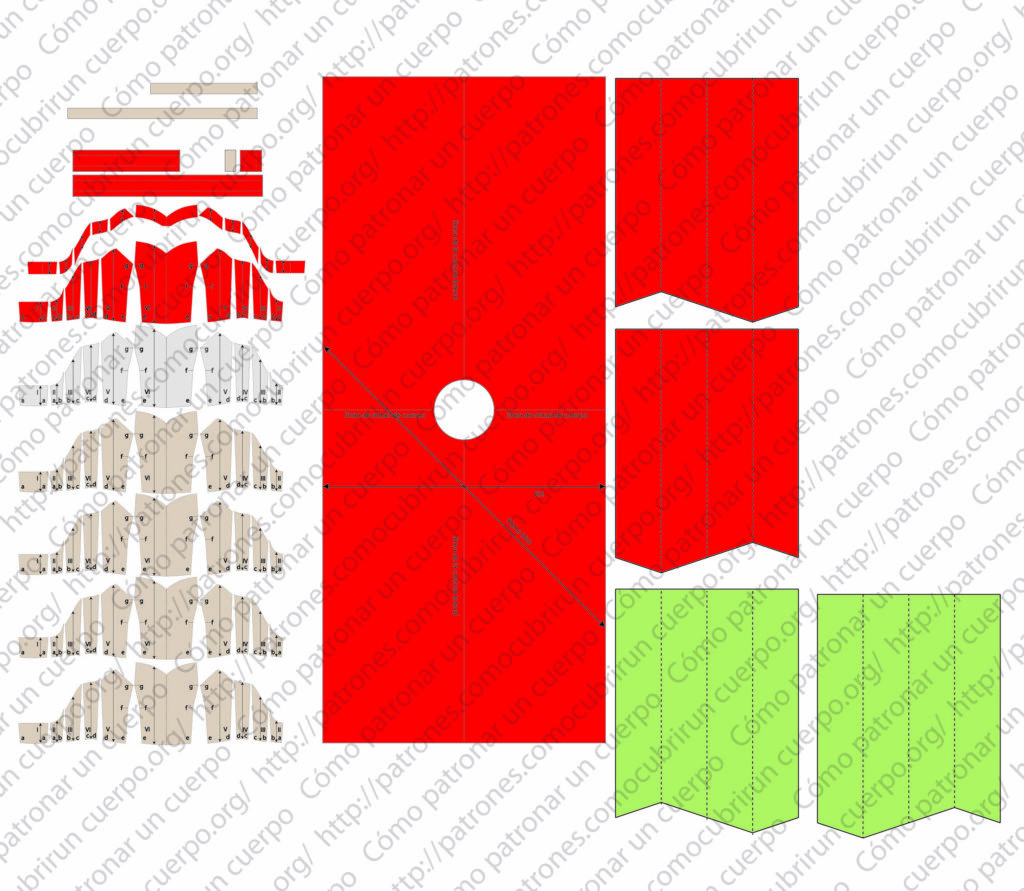 Despiece completo del modelo bustier-braie con identificación de telas, forros y organza