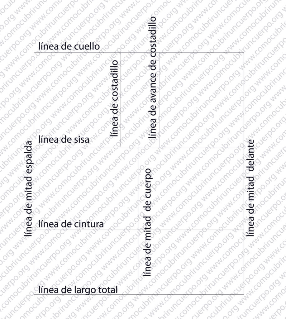 Trazado del patrón base del chaleco masculino con línea de espalda, avance de costadillo y línea de mitad de cuerpo