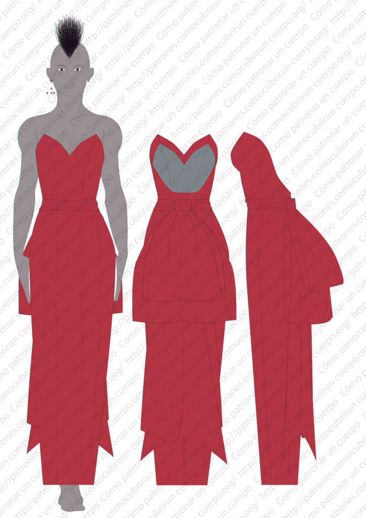 Fourreau entallado o vestido palabra de honor entallado con lazo posterior, vista frontal, trasera y lateral del modelo terminado