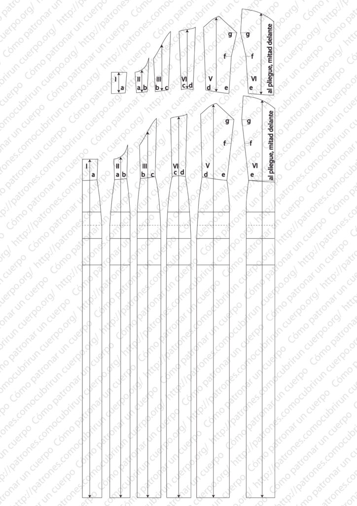 Patrón base del bustier descompuesto en paños, utilizado como punto de partida para transformar un fourreau entallado o vestido palabra de honor