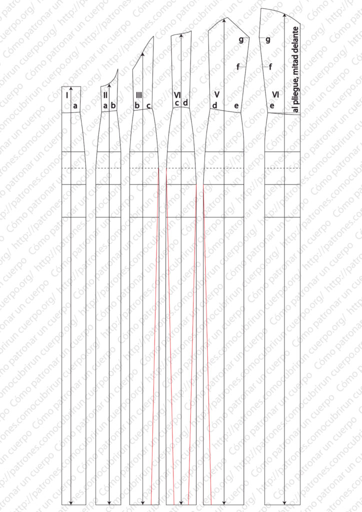 Re-pinza del entalle lateral en las costuras de la pieza de sisa y paños adyacentes desde la línea de cadera hasta el bajo, con líneas marcadas en rojo