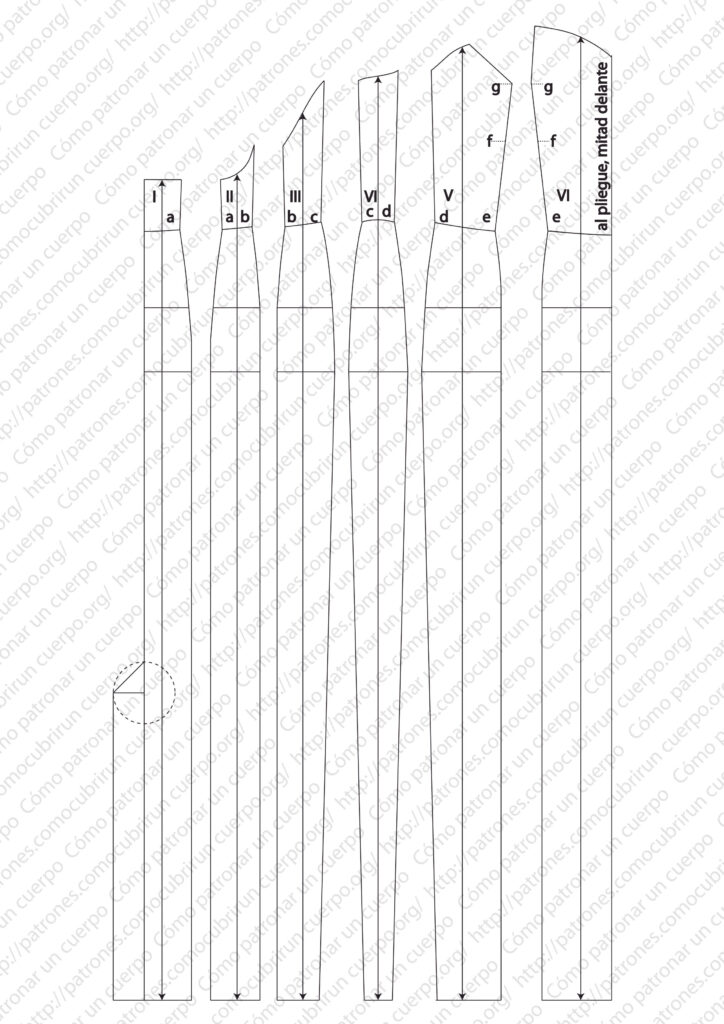 Trazado de la pestaña de la apertura trasera mediante circunferencia de 4 cm de radio, triángulo a 45° y paralela a la mitad detrás hasta el bajo